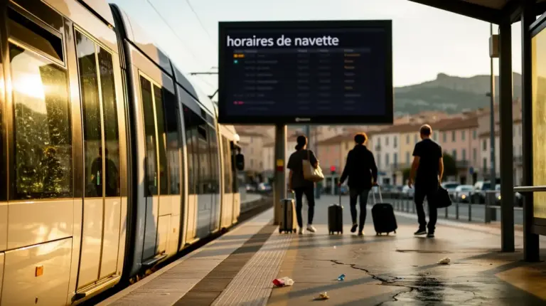 Navette moderne devant panneau horaires Aix-Marseille