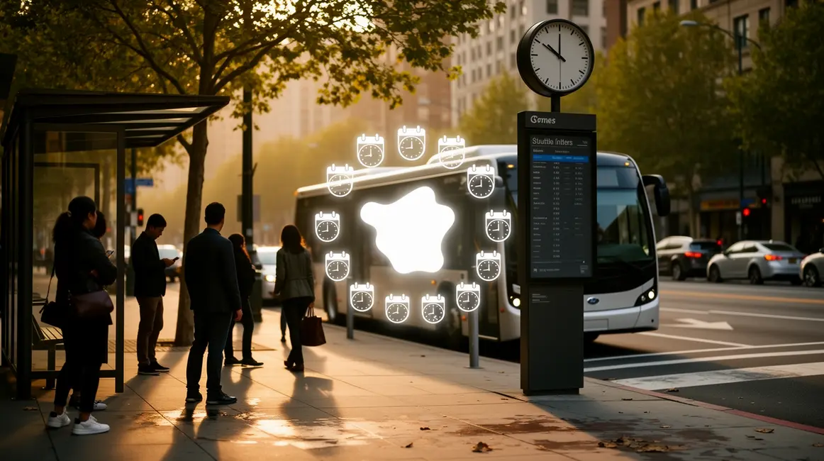 Groupe attend navette moderne arrêt panneau horaires urbains