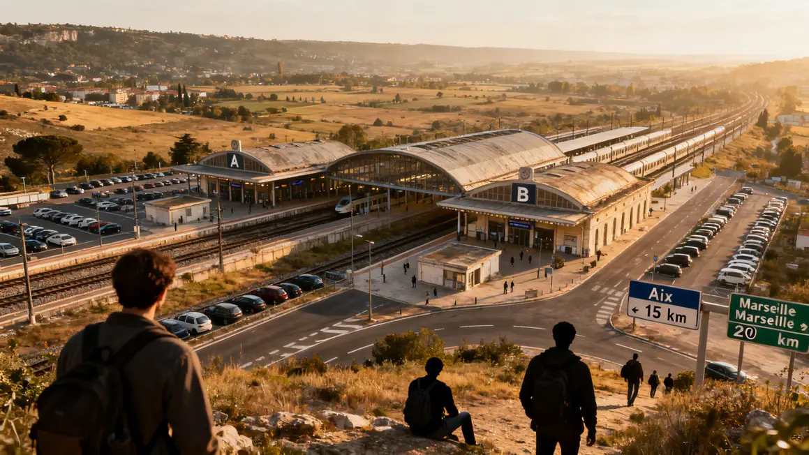 Photo aérienne gare Aix TGV halls parkings accès principaux