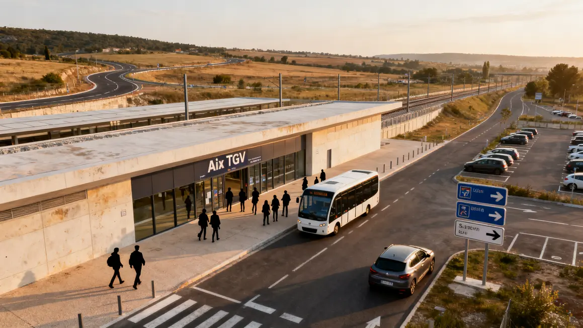 Vue extérieure gare Aix TGV, parking et navette