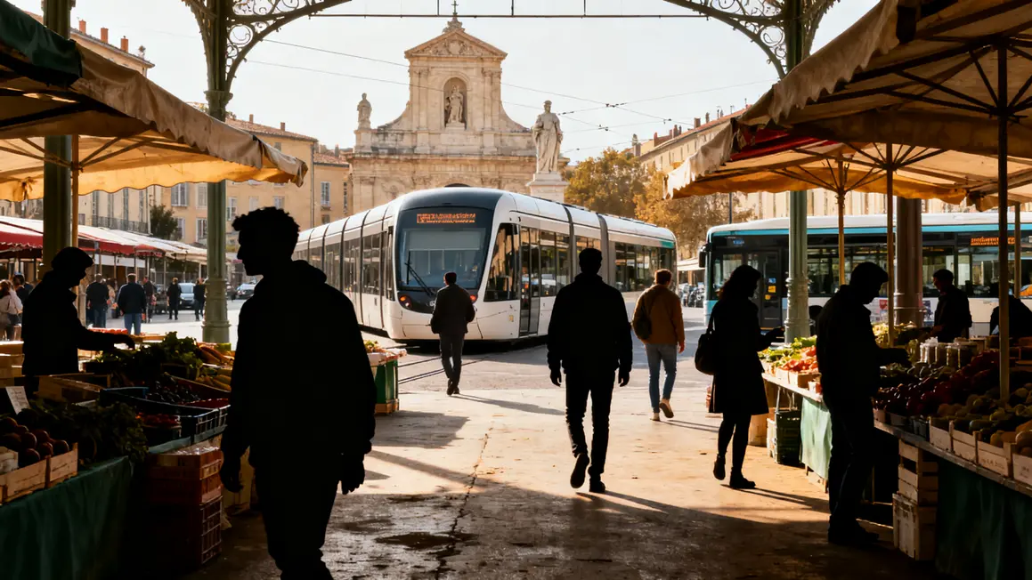 Marché Provence tram bus sans voiture