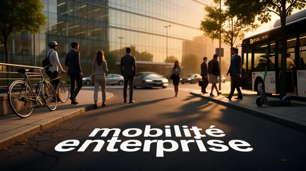 Mobilite entreprise avec modes transports devant bureau