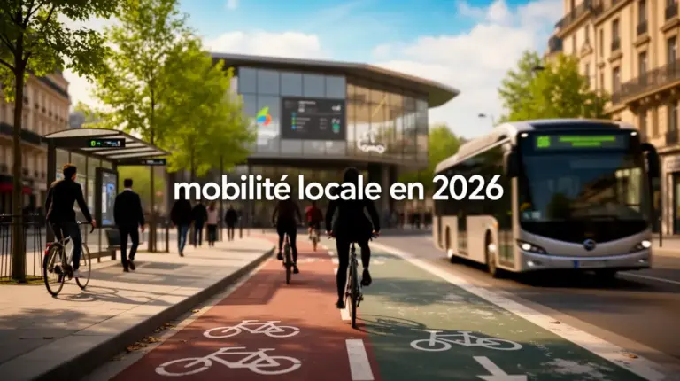 Scène urbaine mobilité locale 2026 France piétons vélos bus électrique