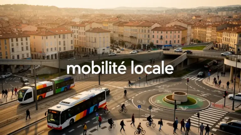 Scène mobilité locale Aix Marseille avec bus, tram, vélos et voitures