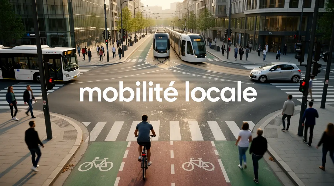 Scène mobilité locale Aix-Marseille carrefour bus tramway vélo marche