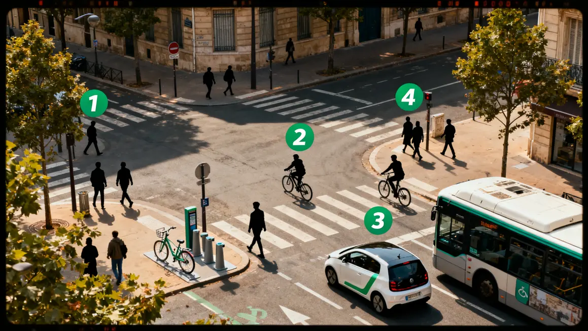 Carrefour mobilité locale avec piéton vélo bus voiture chiffres