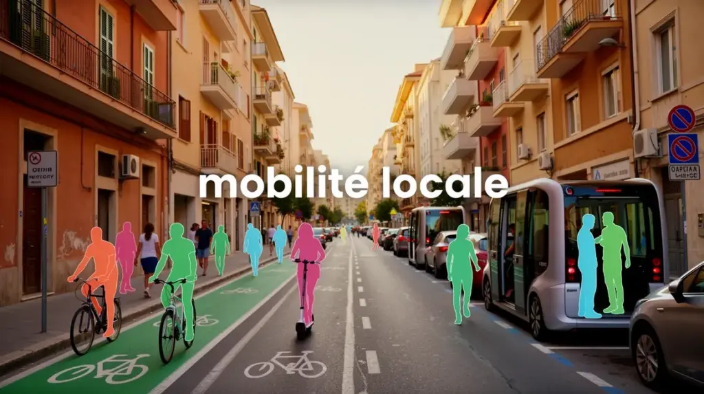 mobilite locale en ville mediterraneenne avec pistes cyclables et navettes