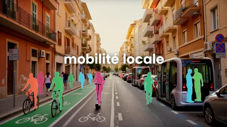 mobilite locale en ville mediterraneenne avec pistes cyclables et navettes