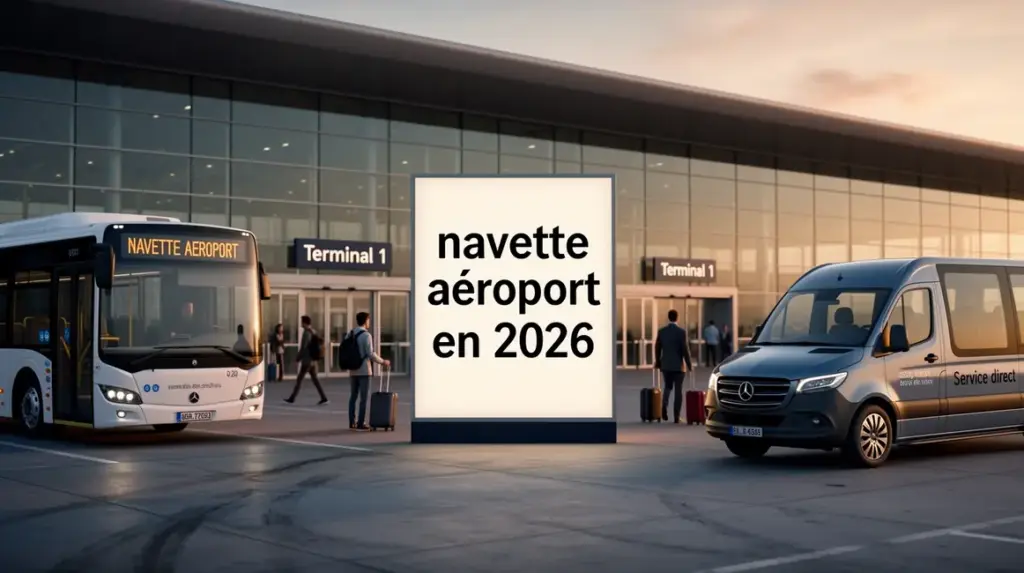 Navette aéroport 2026 devant terminal voyageurs