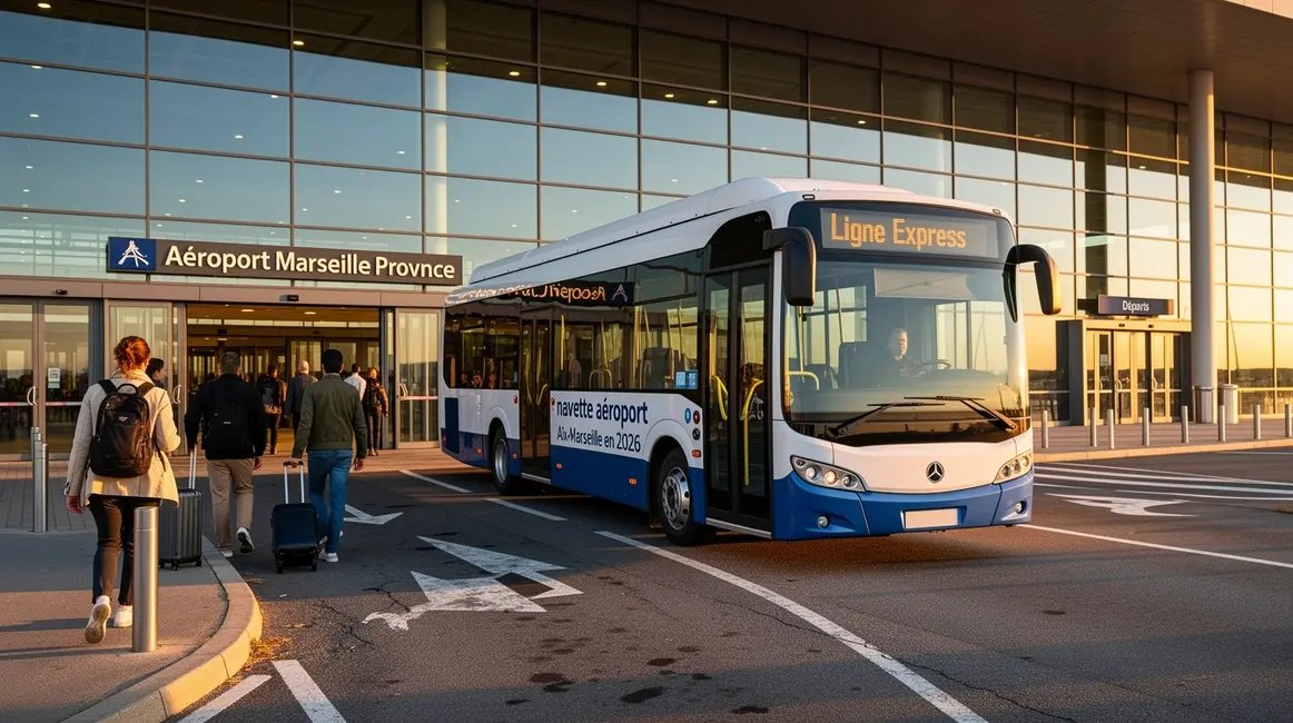 Navette Aix Marseille devant aéroport matin 2026