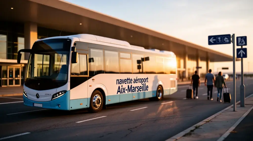 navette aeroport Aix-Marseille devant aéroport voyageurs valises