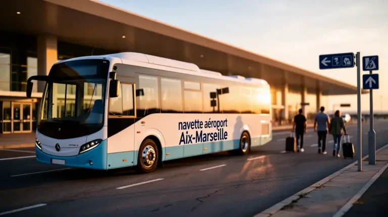 navette aeroport Aix-Marseille devant aéroport voyageurs valises