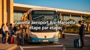 Navette aéroport Aix-Marseille devant terminal, voyageurs, valises