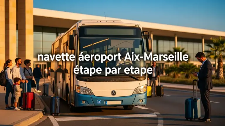 Navette aéroport Aix-Marseille devant terminal, voyageurs, valises