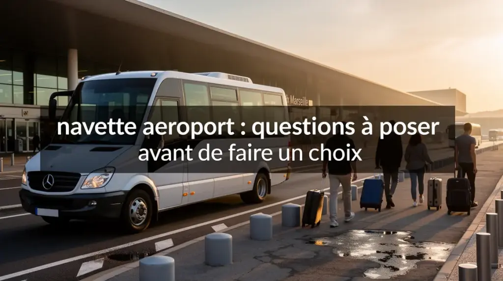 Navette aeroport devant Aix-Marseille, voyageurs valises, lever du jour