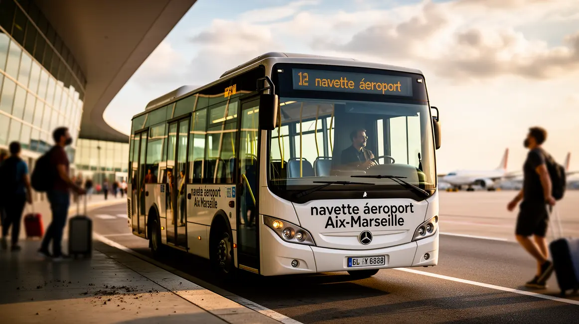 navette aeroport Aix-Marseille moderne et voyageurs bags