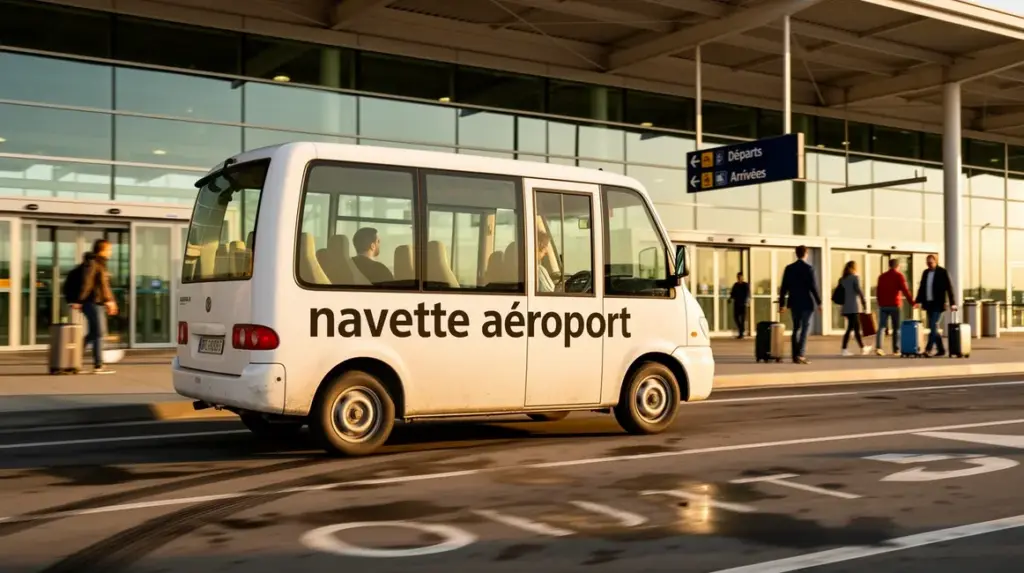 navette aéroport devant terminal avec voyageurs valises