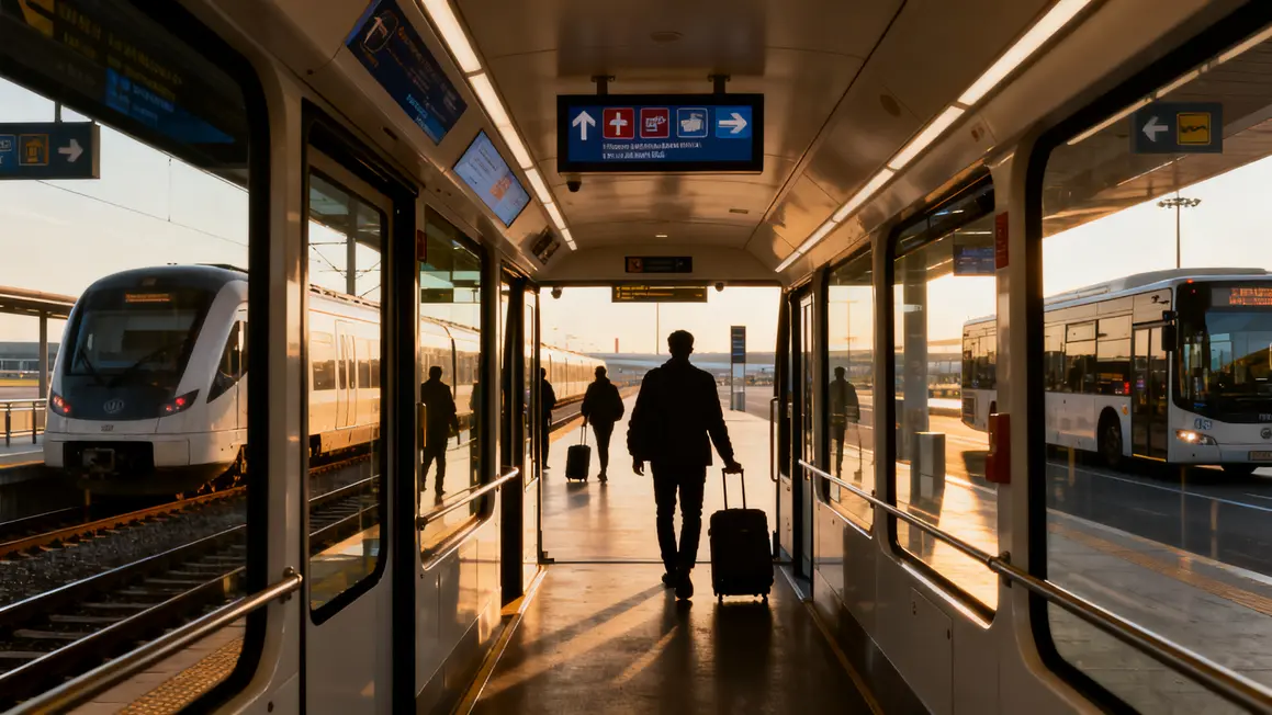 Navette moderne entre gare et aeroport, voyageurs