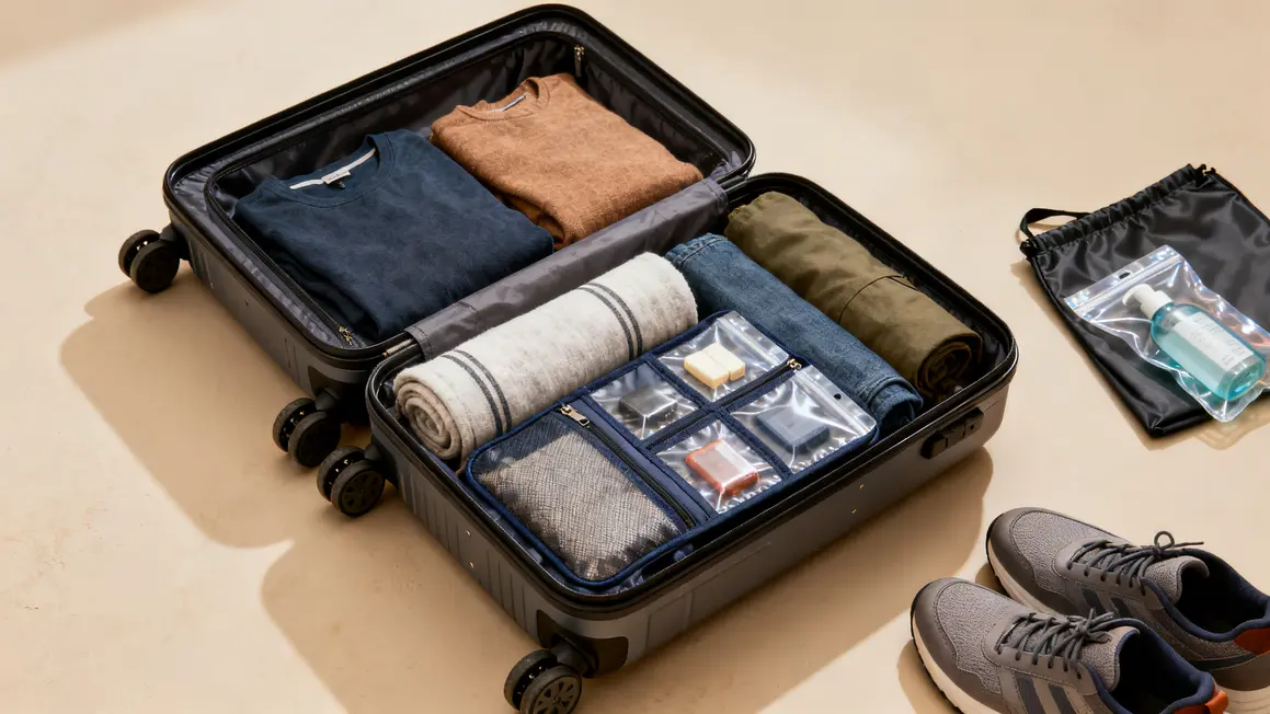 valise organisée vêtements roulés en navette