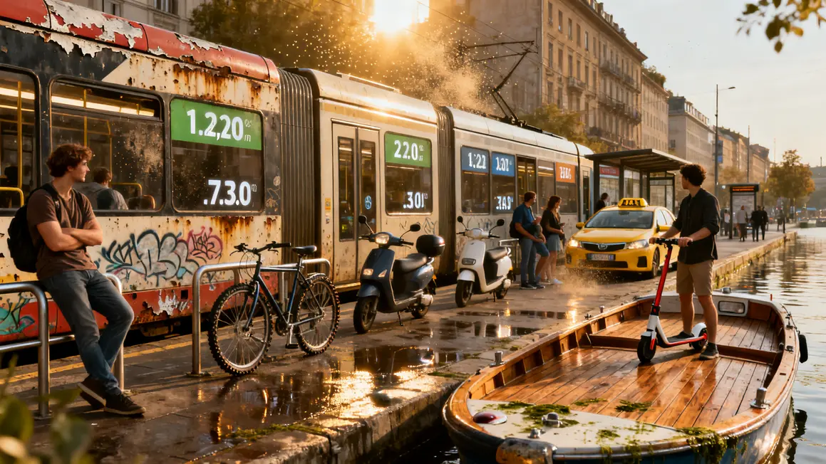 rangée moyens transport urbain bus metro tram