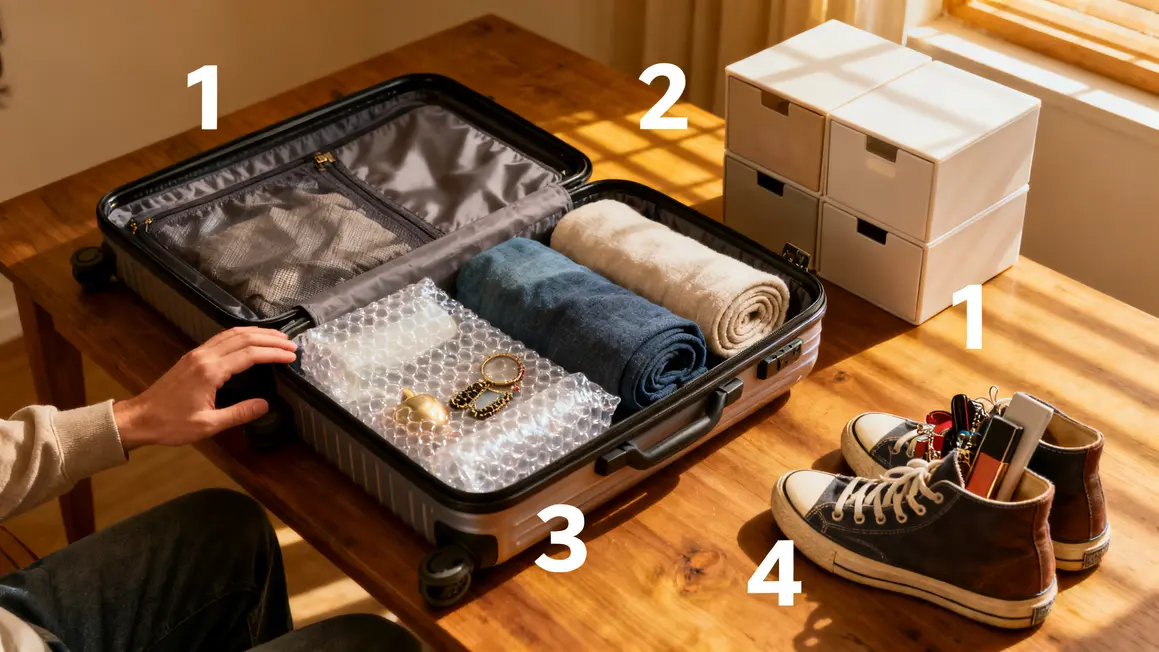 Valise navette ouverte, organisation cubes fragile