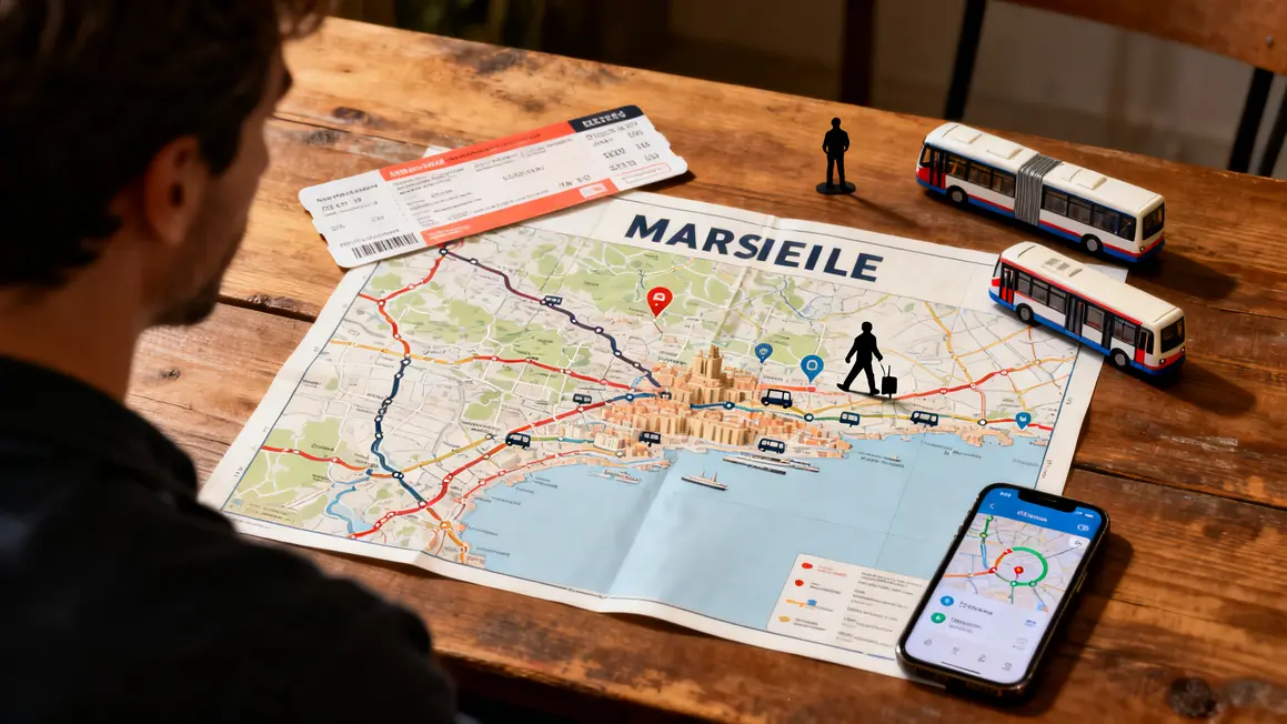 plan stylisé de Marseille avec objets transport