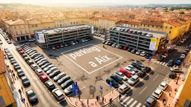 Vue aérienne centre ville avec parkings et panneaux parking à Aix