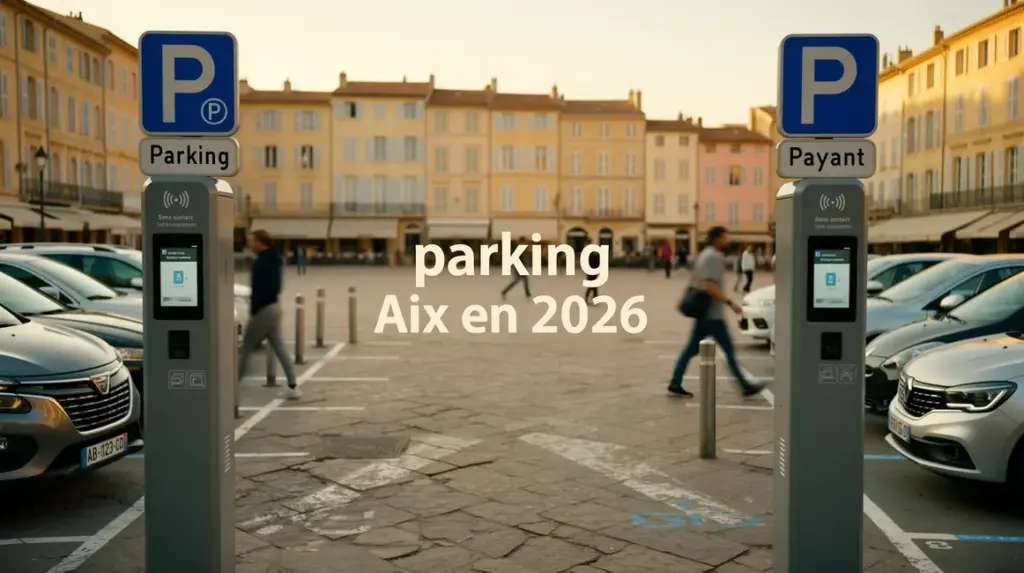 Vue photoréaliste parking Aix 2026, panneaux modernes, bornes paiement