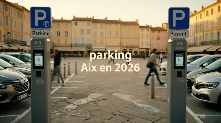 Vue photoréaliste parking Aix 2026, panneaux modernes, bornes paiement