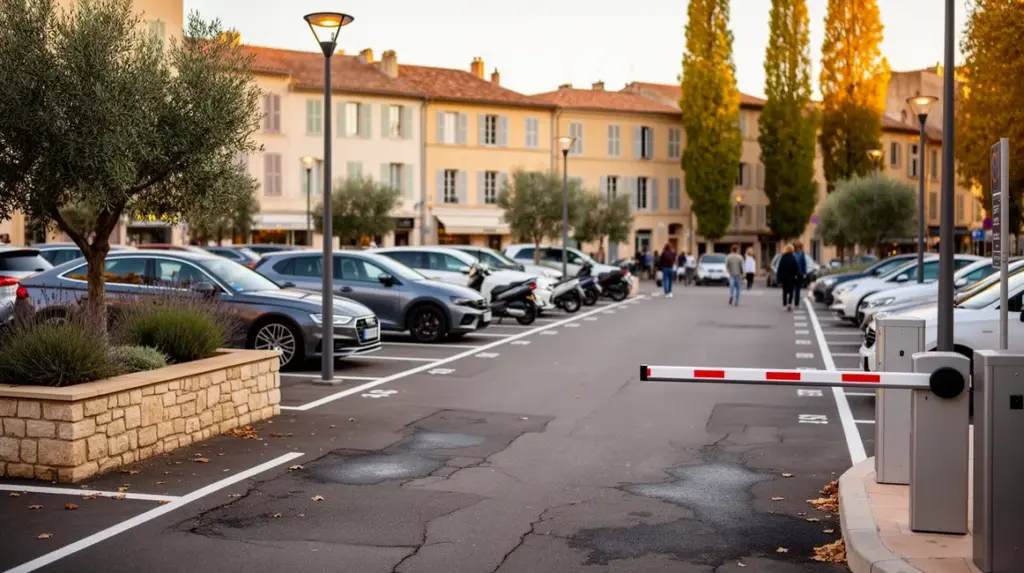 parking Aix centre urbain moderne avec voitures motos vegetation