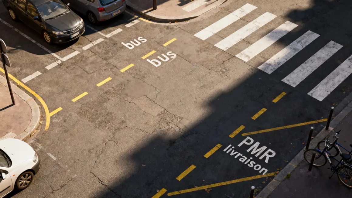 Marquages jaunes parking Aix bus PMR livraison