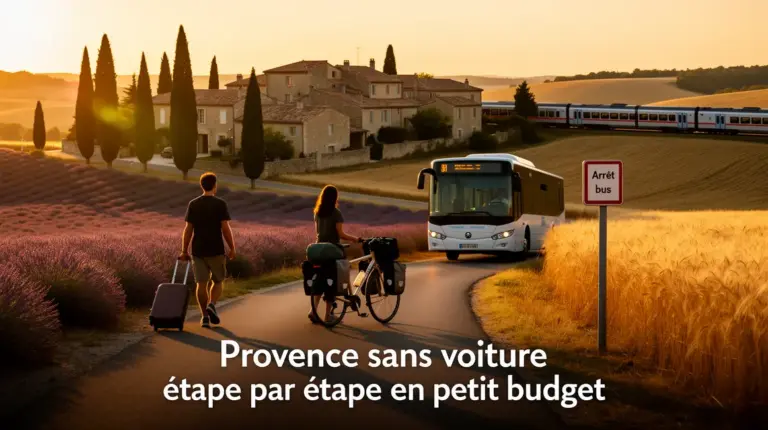 Scène Provence sans voiture avec voyageurs, vélo, bus, train et paysages typiques