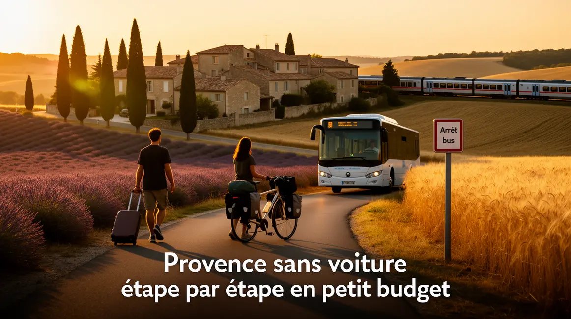 Scène Provence sans voiture avec voyageurs, vélo, bus, train et paysages typiques