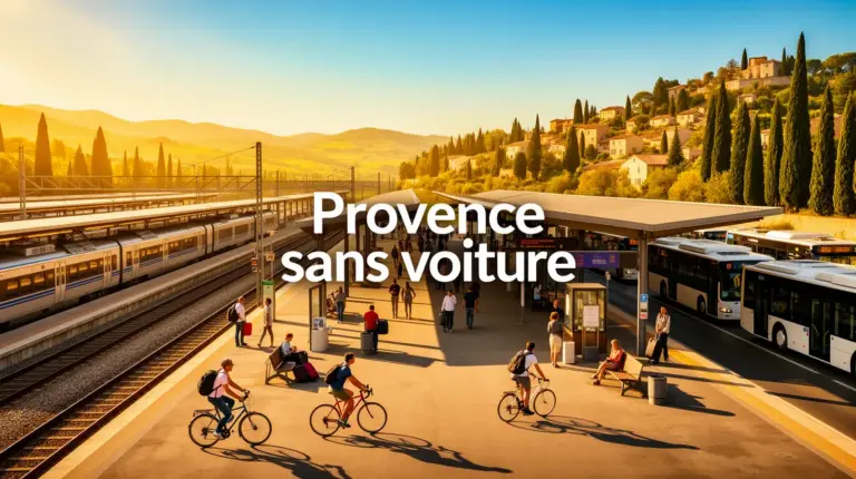 Vue d'une gare Provence sans voiture avec trains, bus, cyclistes