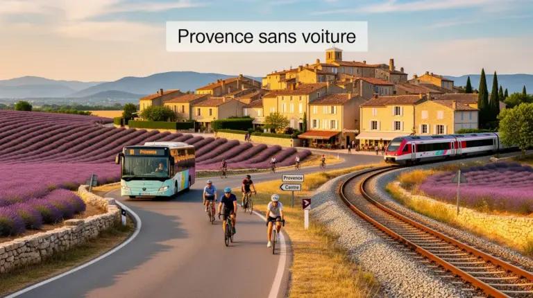 Panorama Provence sans voiture champs lavande train bus vélo