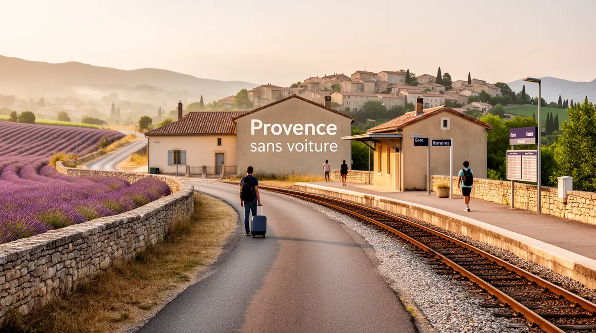 Paysage Provence sans voiture, gares et voyageurs stylisés