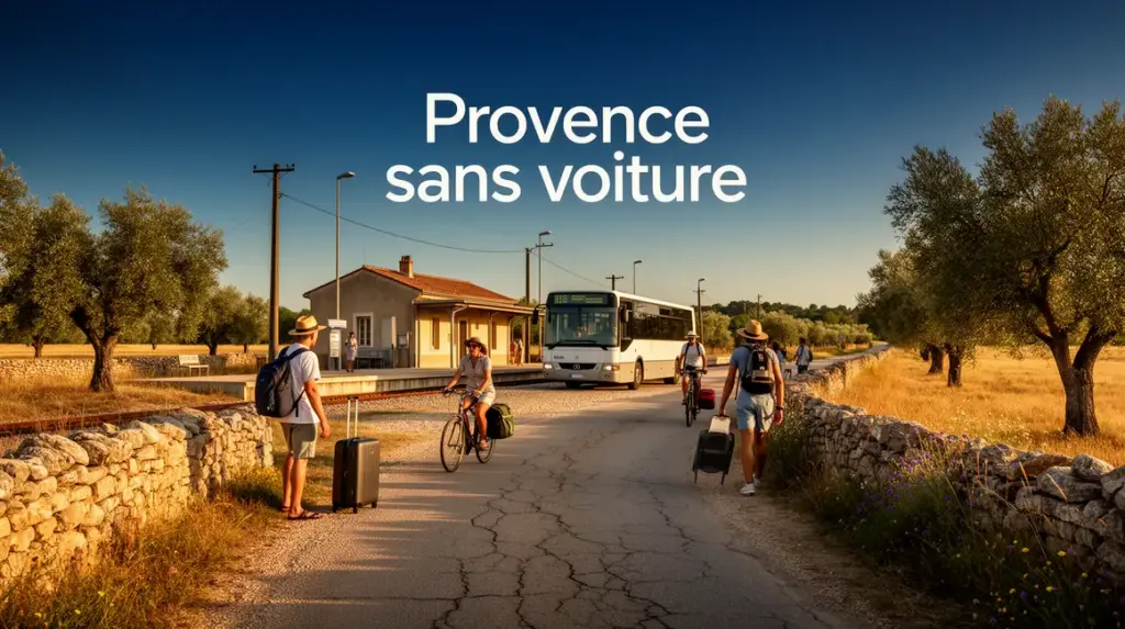 Paysage Provence sans voiture, gares rurales, voyageurs, bus, cyclistes