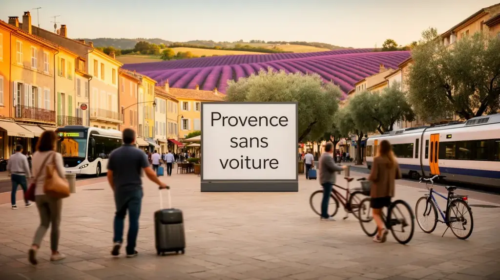 Scène provençale car-free avec valises, vélo, bus, train et lavande