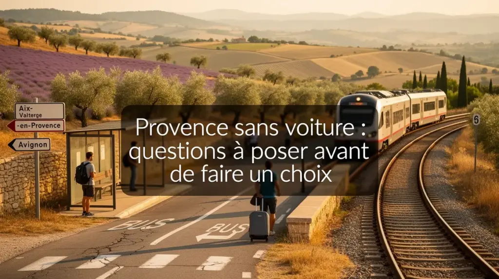 Paysage Provence, bus, train, voyageurs, panneau directions, texte central