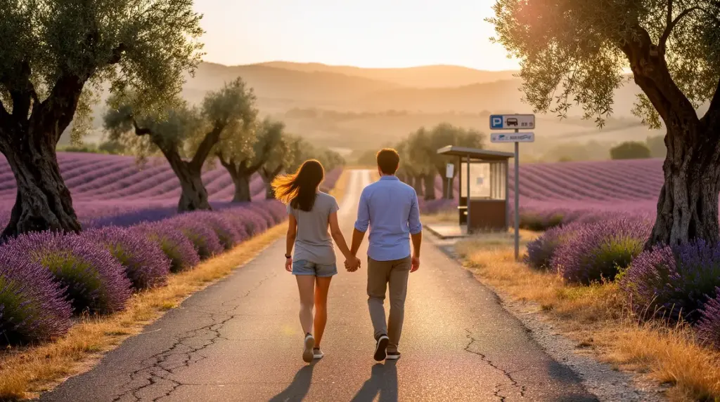couple marche provence route lavande panneau bus