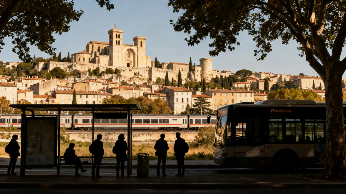 Monuments villes provençales voyageurs bus train, Provence sans voiture