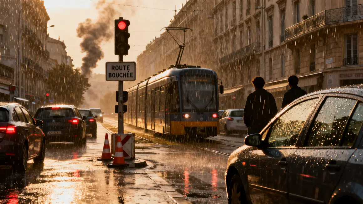 carrefour Marseille embouteillages panneau route bouchée tram pluie