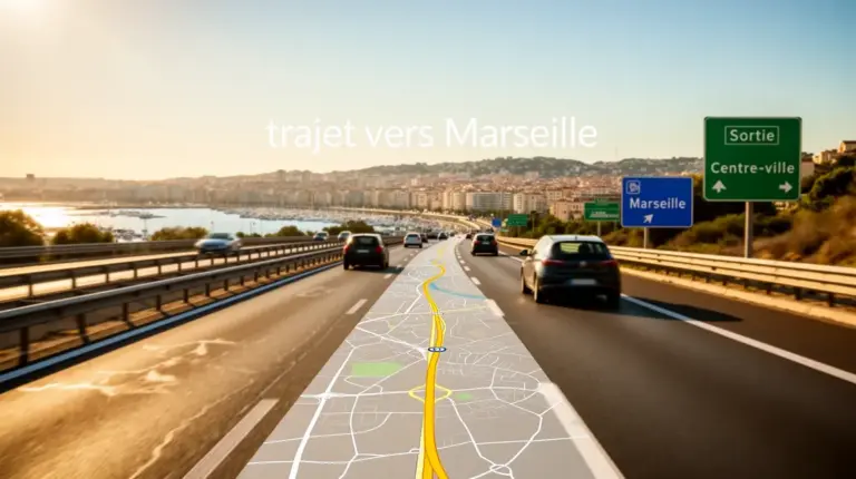 Photo d'autoroute vers Marseille, carte routiere, voitures, soleil