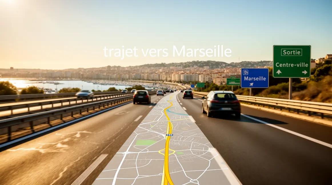Photo d'autoroute vers Marseille, carte routiere, voitures, soleil