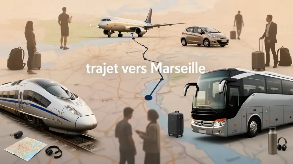 trajet vers marseille carte transports silhouettes voyageurs bagages