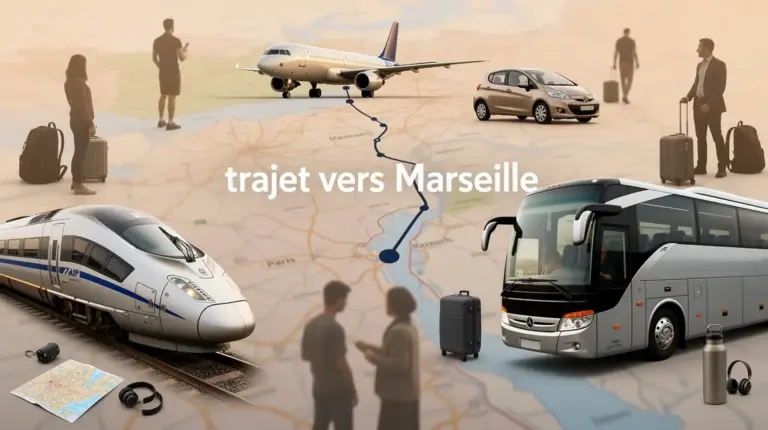 trajet vers marseille carte transports silhouettes voyageurs bagages