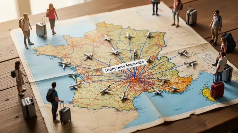 Carte France avec trajets vers Marseille navette, train, bus