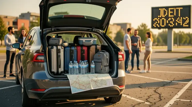 coffre voiture ouvert avec accessoires de voyage pour trajet vers marseille