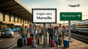 voyageurs valises devant gare et panneaux Marseille voitures bus train avion