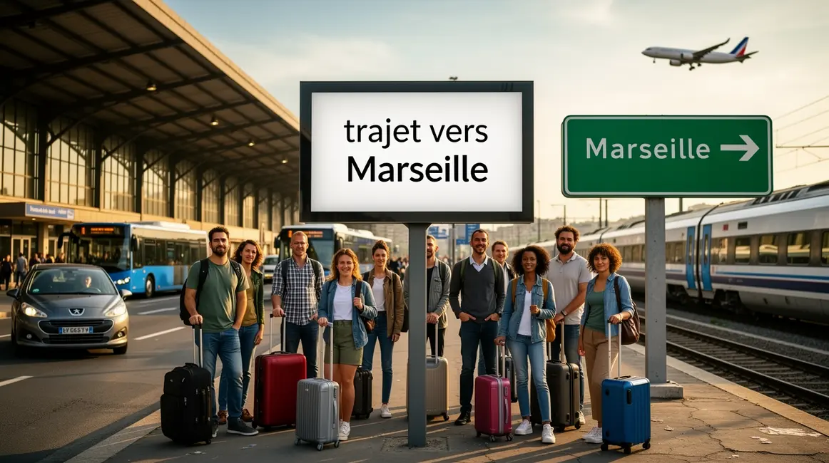 voyageurs valises devant gare et panneaux Marseille voitures bus train avion